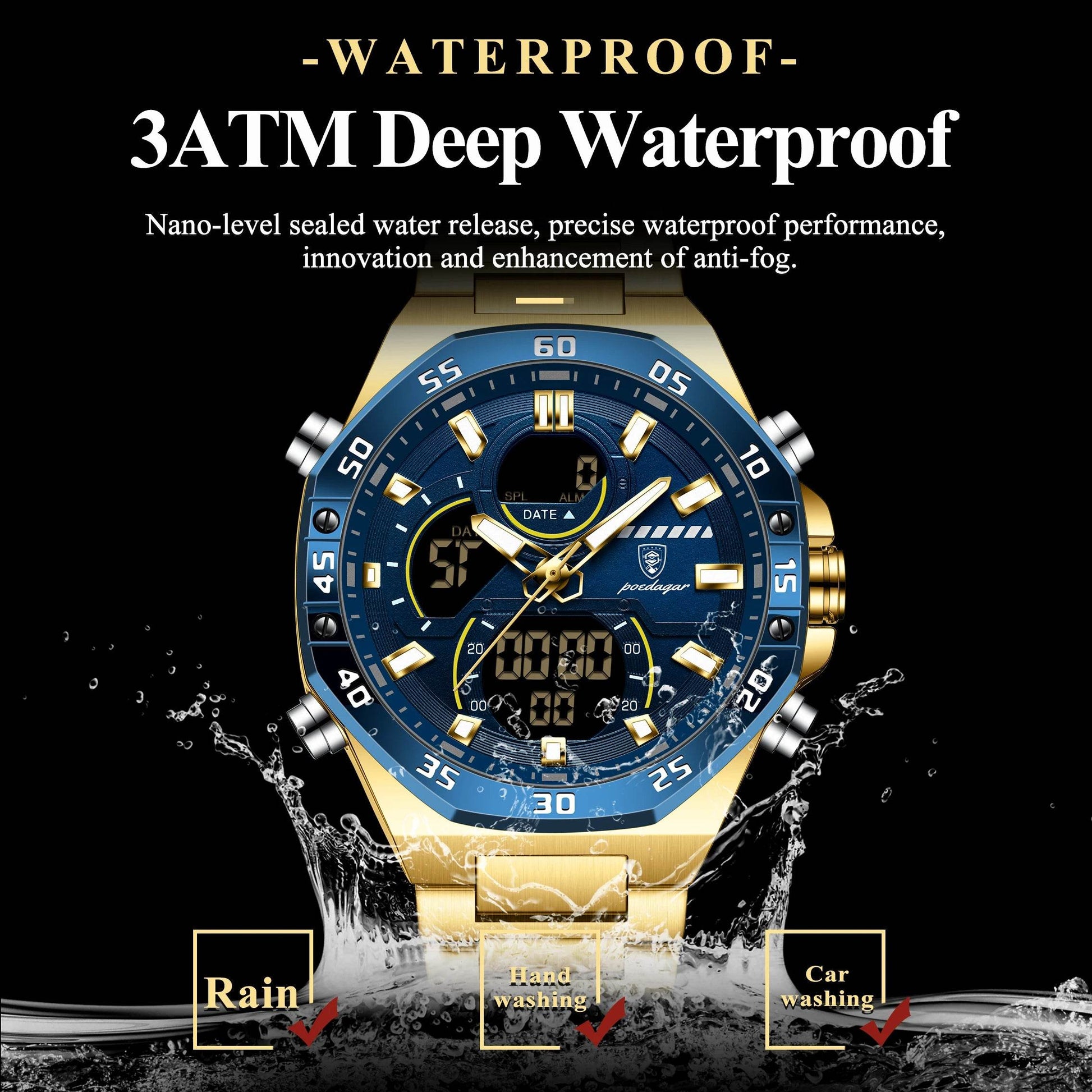 POEDAGAR Fashion Men Clock Waterproof Luminous Week Date Man Watch LED Dual Time Display Digital Electronic Quartz Men's Watches - FLORANZANI- Beauté & Santé