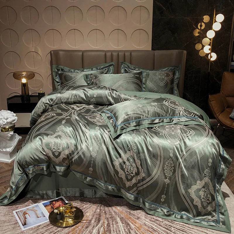 Soft Satin Jacquard Cotton Bedding Set, Luxury Duvet Cover, Blue, Gold, Gray, Queen, King Bed Sheet, Pillowcases, Home Textiles - FLORANZANI- Beauté & Santé