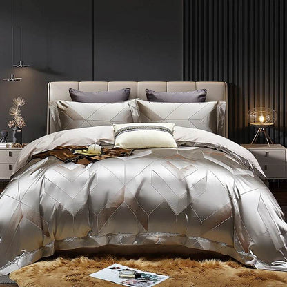 Luxury Satin Jacquard Cotton Bedding Set Gold Leaves Egyptian Cotton Smooth Duvet Cover Set Flat/Fitted Sheet Pillowcases - FLORANZANI- Beauté & Santé