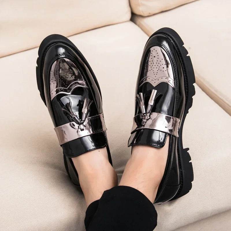 Golden Men's Casual Slip-On Tassel Patent Loafers Thick Bottom Elevator Shoes Fashion Men's Party Shoes Business Shoes Brogue - FLORANZANI- Beauté & Santé