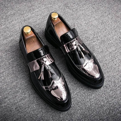 Golden Men's Casual Slip-On Tassel Patent Loafers Thick Bottom Elevator Shoes Fashion Men's Party Shoes Business Shoes Brogue - FLORANZANI- Beauté & Santé