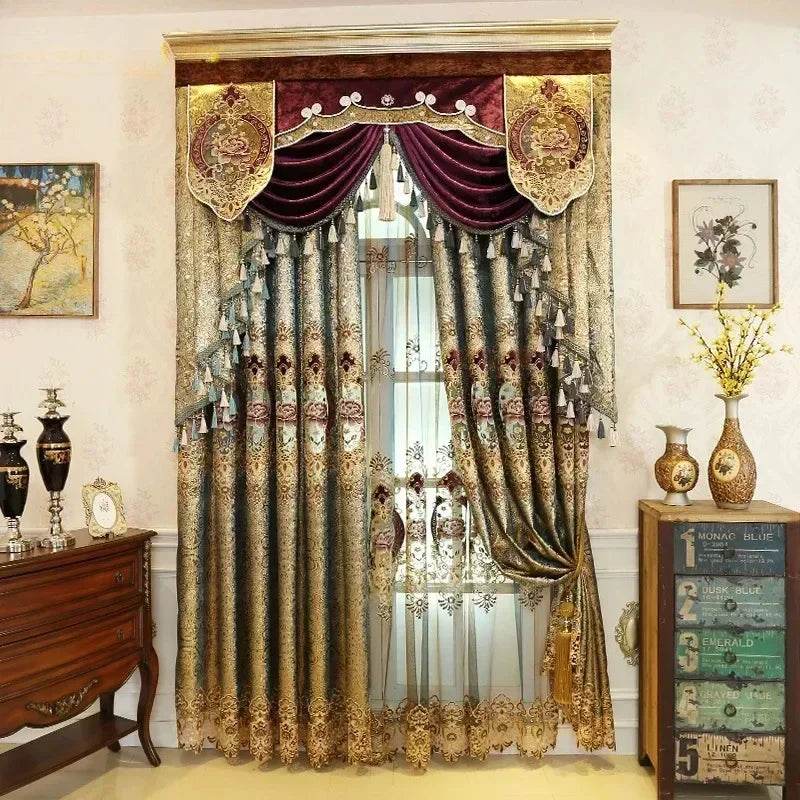 Luxury Golden Velvet Embroidered Curtains for Living Room Bedroom Elegant Hollow Shading Drapes Custom Valance Tulle Villa Decor - FLORANZANI- Beauté & Santé