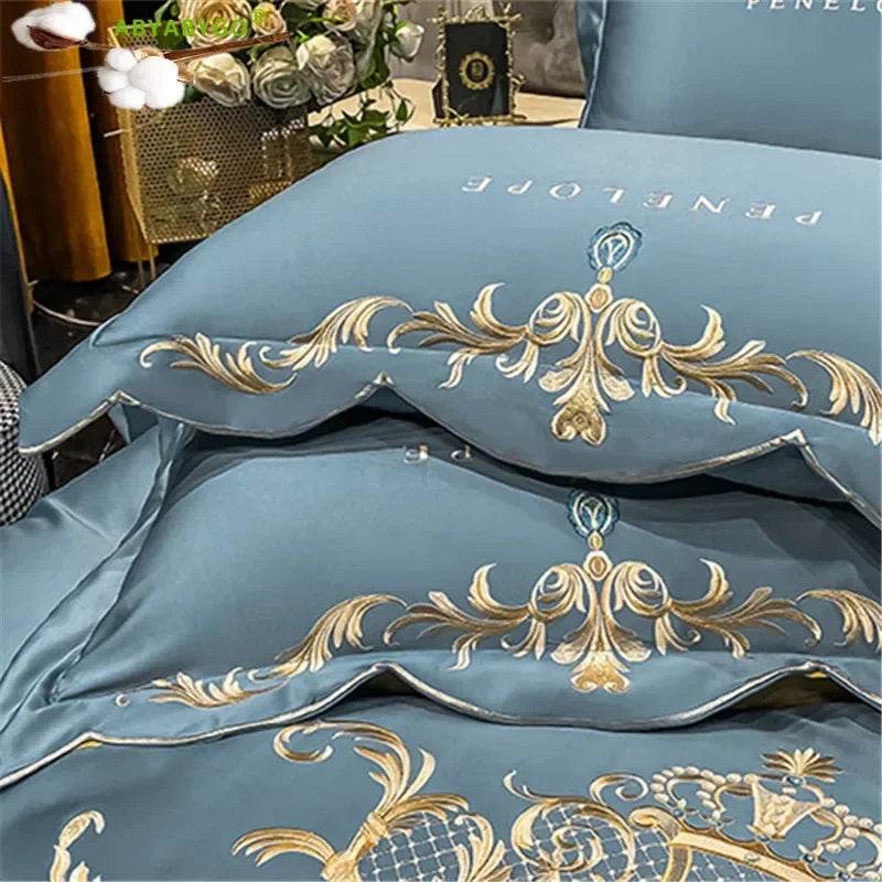 European Style Bedding Set Luxury Gold Royal Embroidery Satin Double Duvet Cover Pure Cotton Bed Sheets and Pillowcases Bed Set - FLORANZANI- Beauté & Santé