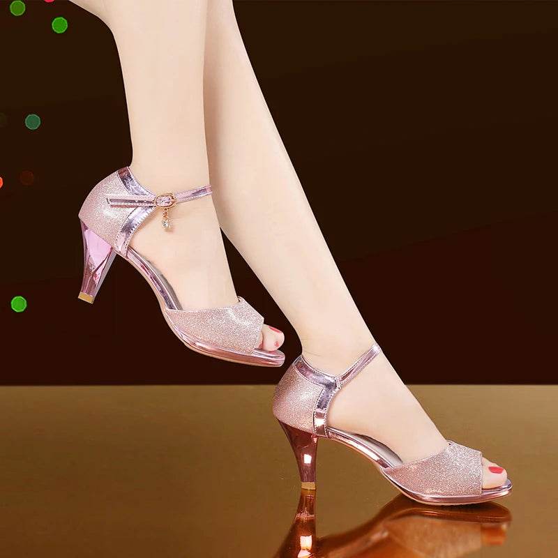 Korean casual sandals for women 2024 summer new item, shiny fish mouth slim heel 6cm high heels, Latin dance women's shoes - FLORANZANI- Beauté & Santé