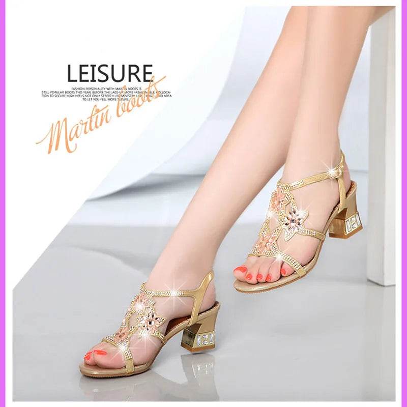 2023 New Fashion Sandals Ladies High and Low Heel Sandals Leather Women's Sandals with Diamonds Outdoor Ladies Beach Shoes - FLORANZANI- Beauté & Santé