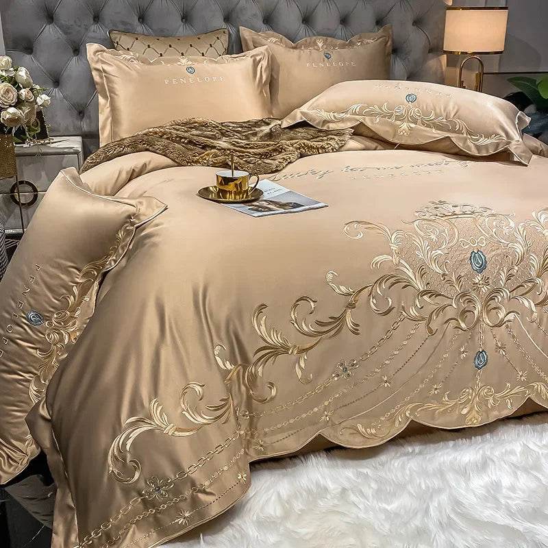 Egyptian Cotton Bedding Set Golden Embroidery Home Textiles Super Soft Bed Duvet Sheet Set King Queen Size Chic Stitch Linen 이불 - FLORANZANI- Beauté & Santé