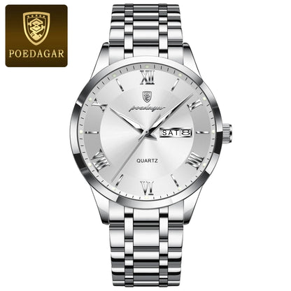 POEDAGAR Luxury Fashion Men Clock Waterproof Luminous Week Date Sports Man Wristwatch Stainless Steel Men's Quartz Watches Reloj - FLORANZANI- Beauté & Santé