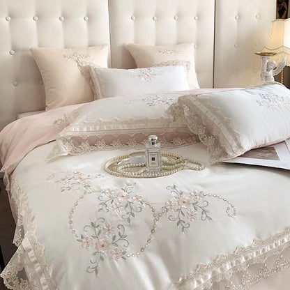 Romantic French Lace Flowers Embroidery Wedding Bedding Set 1200TC Egyptian Cotton Soft Duvet Cover Set Bed Sheet Pillowcases - FLORANZANI- Beauté & Santé