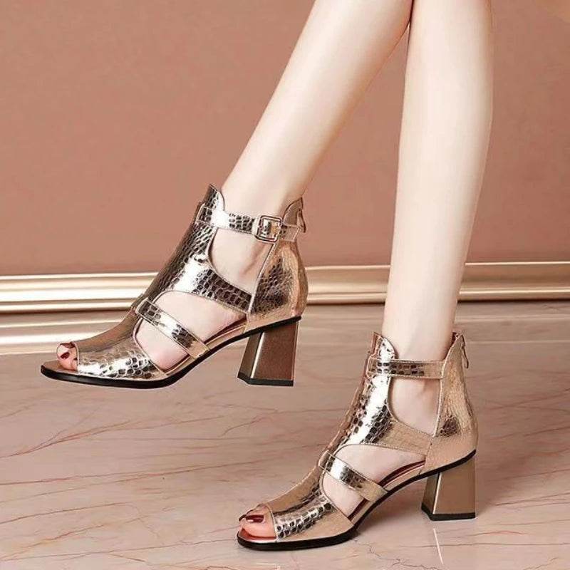 Thick Heels Sandals Women 2024 Summer New Holow Out Sandals Lady High Heeled Pumps Lady Peep Toe Cover Heel Fashion Roman Shoes - FLORANZANI- Beauté & Santé