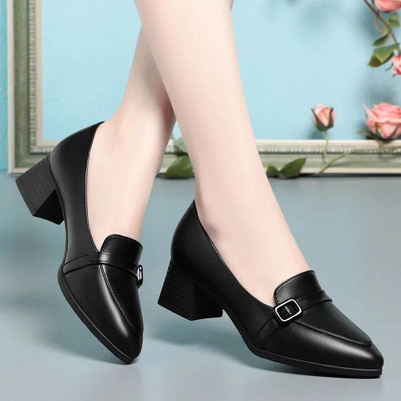 Fashion Elegant Soft Leather Shoes Women's Black Platform Loafers 2024 Spring Block High Heels Shoes For Office Work Daily Mom - FLORANZANI- Beauté & Santé