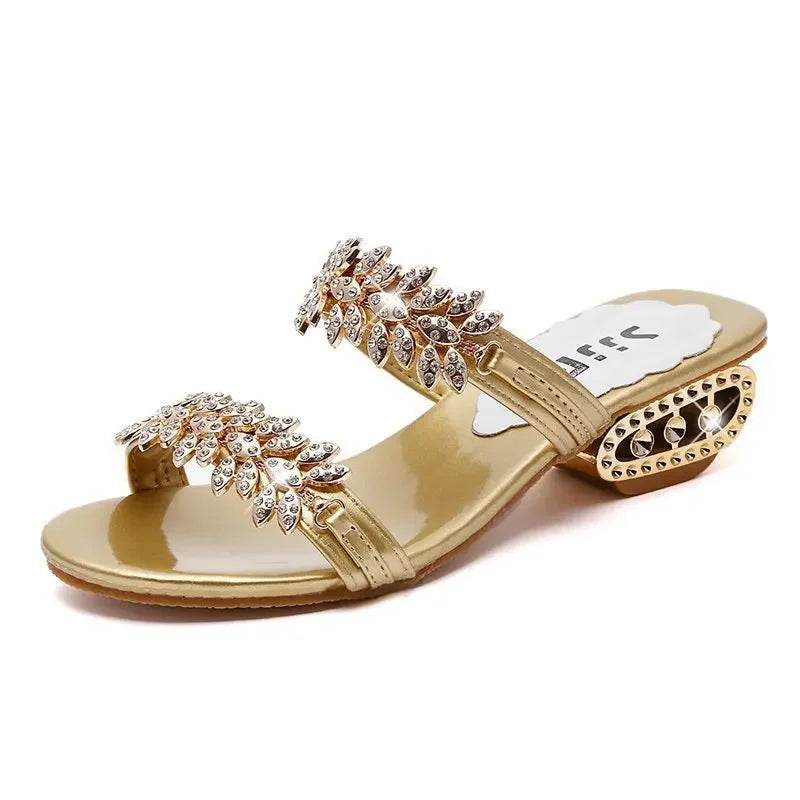 Shiny Crystal Slippers Women Luxury Rhinestone Med Heels Sandals Woman Bohemian Gold Strange Heel Flip Flops Summer Shoes - FLORANZANI- Beauté & Santé