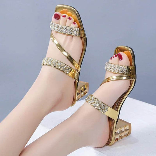 Shiny Gold Silver Women's Sandals Summer 2023 Crystal High Heels Party Shoes Woman Comfortable Thick Heel Slides Sandalias Mujer - FLORANZANI- Beauté & Santé