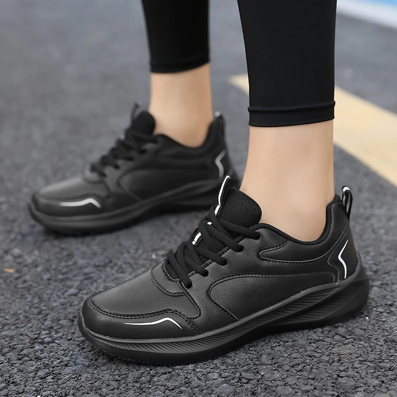 Women Running Shoes PU Leather Lace-up Men Warm Light Walking Sneaker Fitness Sport Flats Comfortable Black Size 35-44 Loafers