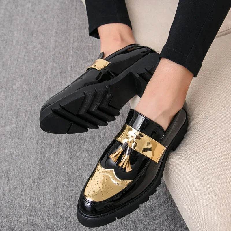 Golden Men's Casual Slip-On Tassel Patent Loafers Thick Bottom Elevator Shoes Fashion Men's Party Shoes Business Shoes Brogue - FLORANZANI- Beauté & Santé