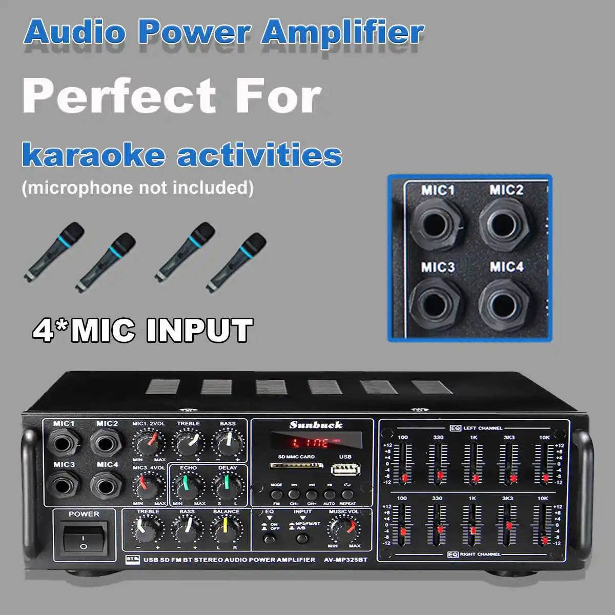 8000W Bluetooth Amplifiers Support 4 Way Microphone Input USB SD FM AUX Digital Audio Stereo Amplificador Speaker Remote Control - FLORANZANI- Beauté & Santé