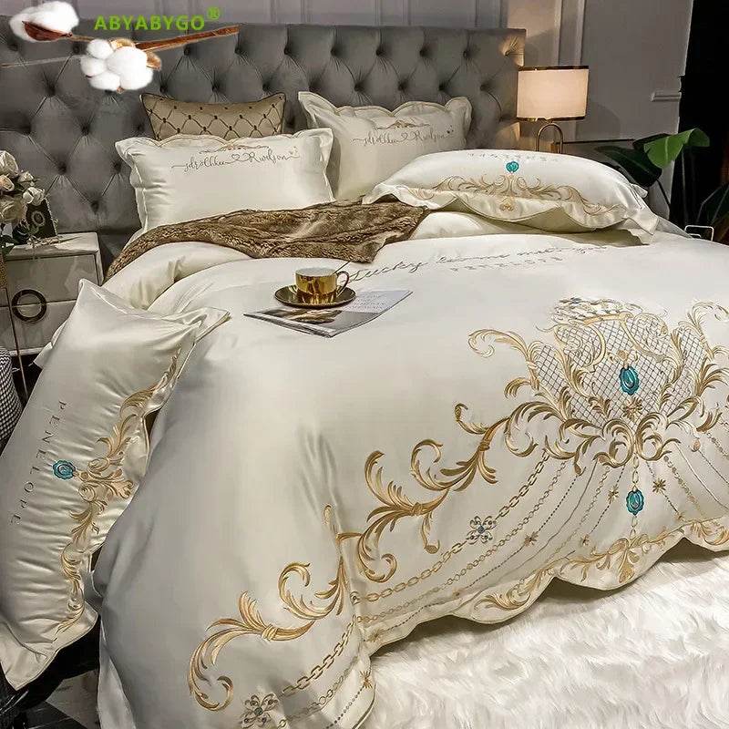 European Style Bedding Set Luxury Gold Royal Embroidery Satin Double Duvet Cover Pure Cotton Bed Sheets and Pillowcases Bed Set - FLORANZANI- Beauté & Santé