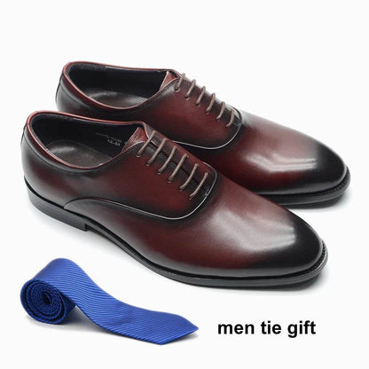 Italian Classic Mens Oxford Dress Shoes Genuine Leather Lace-up Plain Toe Burgundy Black Business Wedding Formal Shoes for Men - FLORANZANI- Beauté & Santé