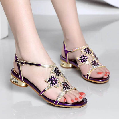 2023 New Fashion Sandals Ladies High and Low Heel Sandals Leather Women's Sandals with Diamonds Outdoor Ladies Beach Shoes - FLORANZANI- Beauté & Santé