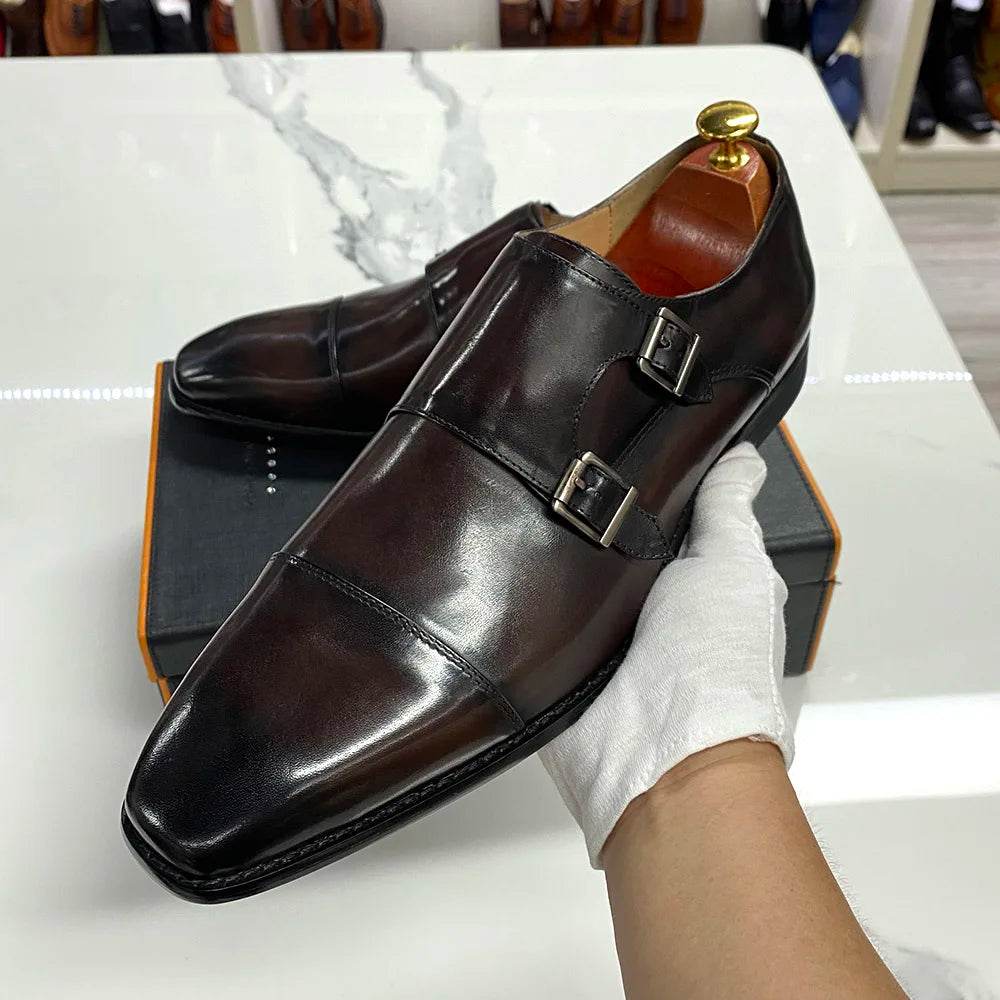 Luxury Handmade Genuine Leather Men's Shoes Formal Classic Double Buckle Monk Shoes Pointed Toe Business Dress Wedding Men Shoes - FLORANZANI- Beauté & Santé