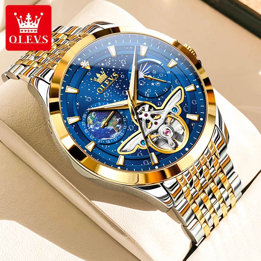 OLEVS Luxury Brand Men's Watches Luminous Waterproof Fully Automatic Mechanical Watch Starry Sky Dial Moon Phase Hollow Out - FLORANZANI- Beauté & Santé