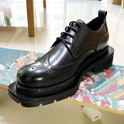 Luxury Fashion Men Business Dress Shoes Genuine Leather Thick Sole High-end Brogue Shoes Lace-up Wedding Derby Shoes - FLORANZANI- Beauté & Santé