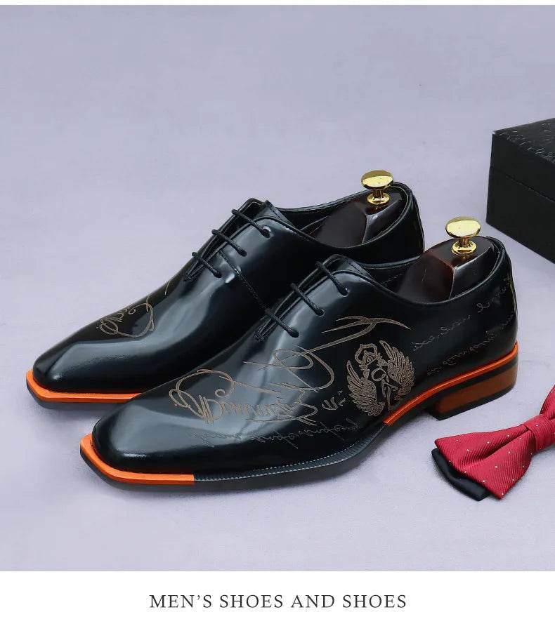 Embossed Printed Business Formal Cowhide Shoes Men's Oxfords Genuine Leather Casual Lacquered Shiny Leather British Men's Shoes - FLORANZANI- Beauté & Santé