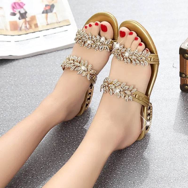 Shiny Crystal Slippers Women Luxury Rhinestone Med Heels Sandals Woman Bohemian Gold Strange Heel Flip Flops Summer Shoes - FLORANZANI- Beauté & Santé