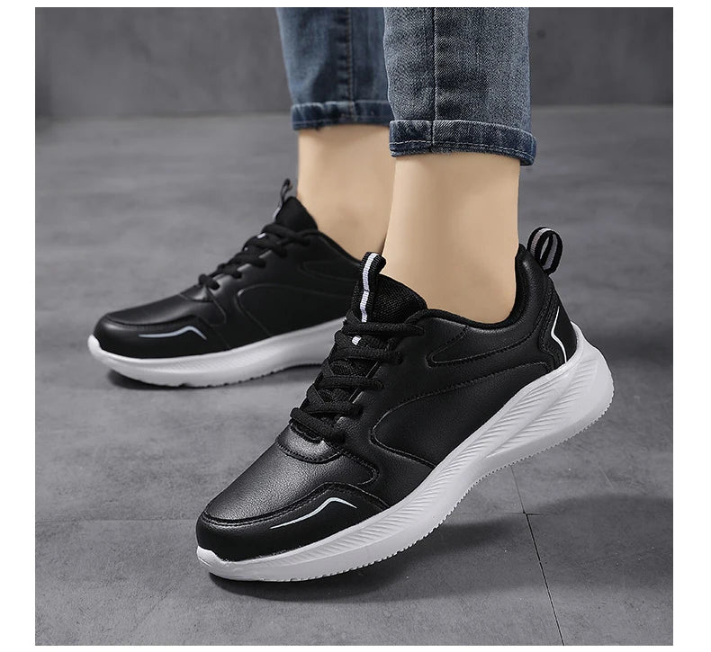 Women Running Shoes PU Leather Lace-up Men Warm Light Walking Sneaker Fitness Sport Flats Comfortable Black Size 35-44 Loafers