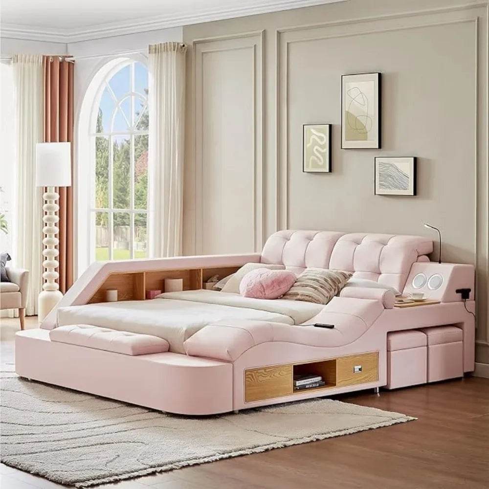 Multifunctional Queen Bed Frame,Smart Bed with Massage Recliner on Right Speaker/Storage Drawers,Adjustable Leather Up Headboard - FLORANZANI- Beauté & Santé