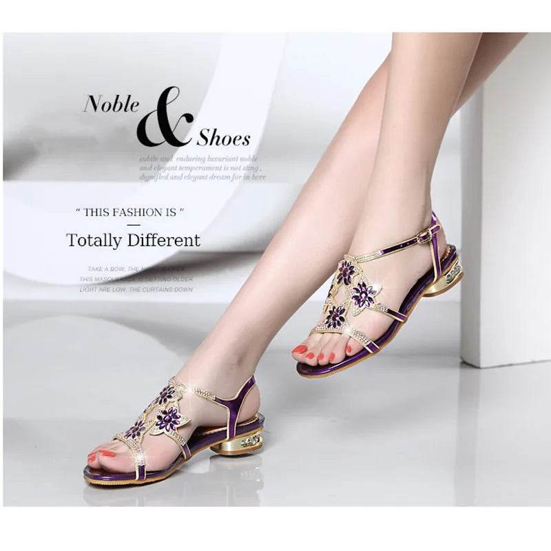 2023 New Fashion Sandals Ladies High and Low Heel Sandals Leather Women's Sandals with Diamonds Outdoor Ladies Beach Shoes - FLORANZANI- Beauté & Santé