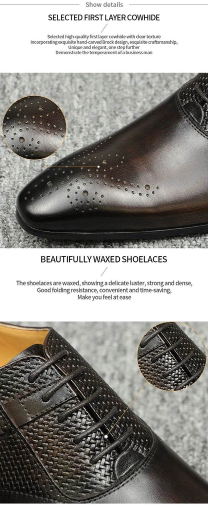 Luxury Mens Business Genuine Leather Shoes Fashion Wedding Oxfords Lace-up Pointed Toe Black Green Coffee Brogues Dress Shoes - FLORANZANI- Beauté & Santé