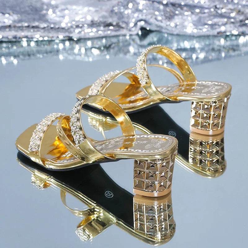 Shiny Gold Silver Women's Sandals Summer 2023 Crystal High Heels Party Shoes Woman Comfortable Thick Heel Slides Sandalias Mujer - FLORANZANI- Beauté & Santé