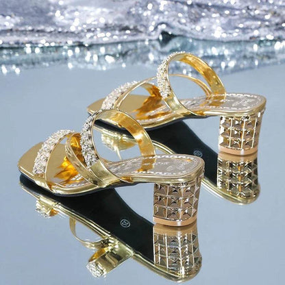 Shiny Gold Silver Women's Sandals Summer 2023 Crystal High Heels Party Shoes Woman Comfortable Thick Heel Slides Sandalias Mujer - FLORANZANI- Beauté & Santé