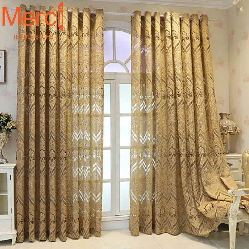 European Style Gold Curtains for Living Dining Room Bedroom Jacquard Luxury High-end Window Tulle Drape Home Decor Custom Size - FLORANZANI- Beauté & Santé