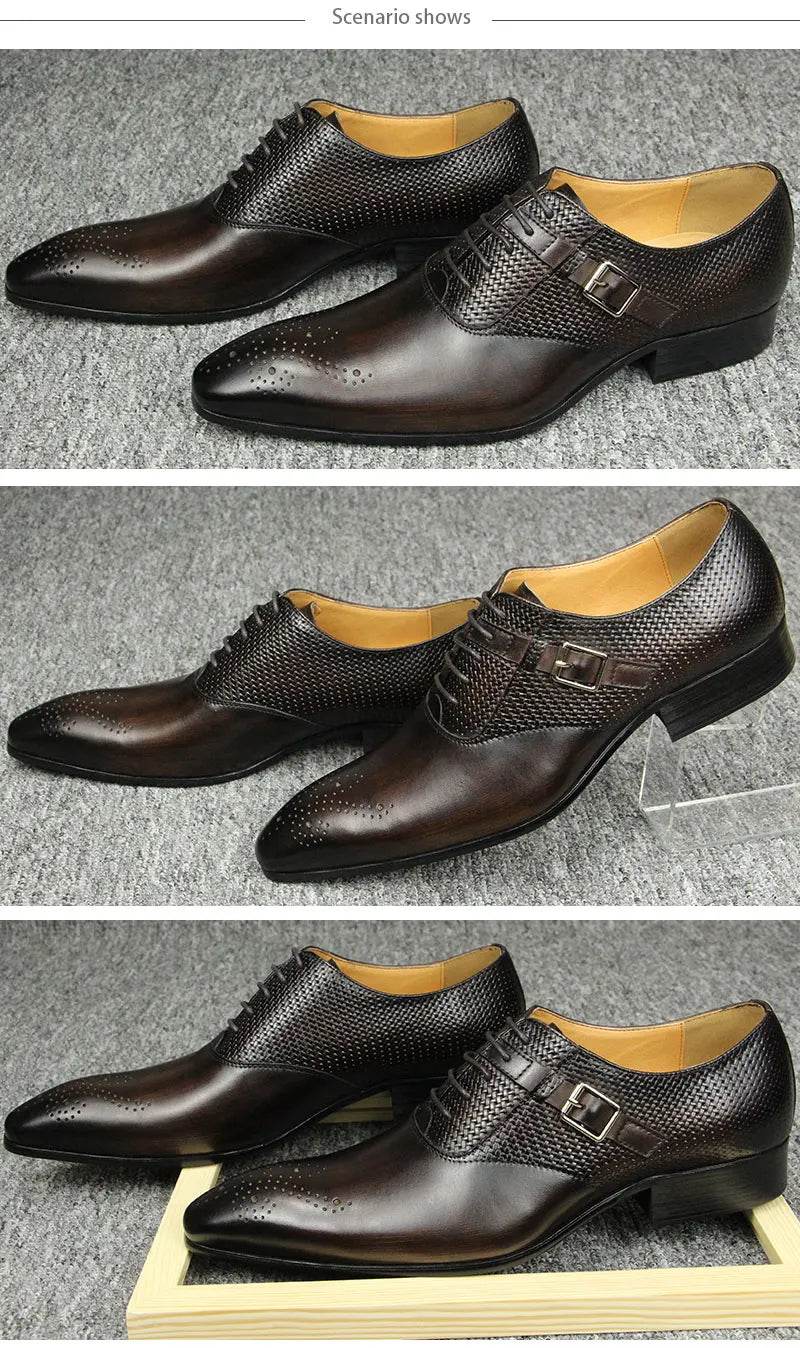 Luxury Mens Business Genuine Leather Shoes Fashion Wedding Oxfords Lace-up Pointed Toe Black Green Coffee Brogues Dress Shoes - FLORANZANI- Beauté & Santé