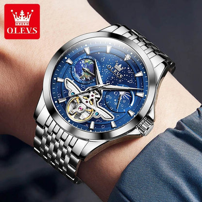 OLEVS Man Watch Skeleton Automatid Mechanical Wrist Watch For Mens Waterproof Moon Date Business Watch 6705 - FLORANZANI- Beauté & Santé