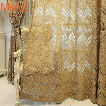 European Style Gold Curtains for Living Dining Room Bedroom Jacquard Luxury High-end Window Tulle Drape Home Decor Custom Size - FLORANZANI- Beauté & Santé