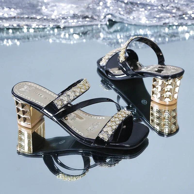 Shiny Gold Silver Women's Sandals Summer 2023 Crystal High Heels Party Shoes Woman Comfortable Thick Heel Slides Sandalias Mujer - FLORANZANI- Beauté & Santé