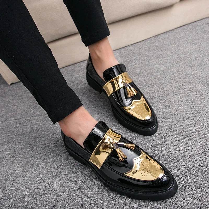 Golden Men's Casual Slip-On Tassel Patent Loafers Thick Bottom Elevator Shoes Fashion Men's Party Shoes Business Shoes Brogue - FLORANZANI- Beauté & Santé