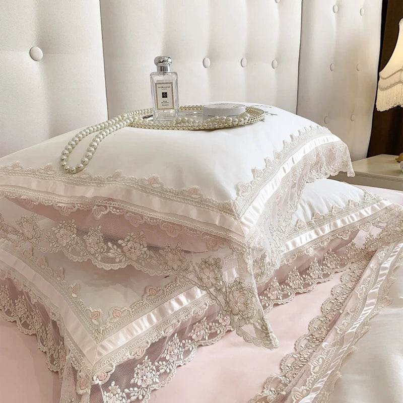 Romantic French Lace Flowers Embroidery Wedding Bedding Set 1200TC Egyptian Cotton Soft Duvet Cover Set Bed Sheet Pillowcases - FLORANZANI- Beauté & Santé