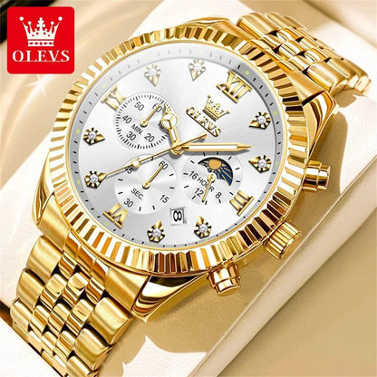 OLEVS Brand Luxury Original Men's Watches Waterproof Moon Phase Quartz Watch Luminous Gold Stainless Steel Strap Male Wristwatch - FLORANZANI- Beauté & Santé