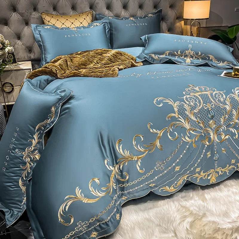 Egyptian Cotton Bedding Set Golden Embroidery Home Textiles Super Soft Bed Duvet Sheet Set King Queen Size Chic Stitch Linen 이불 - FLORANZANI- Beauté & Santé