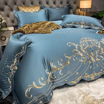 Egyptian Cotton Bedding Set Golden Embroidery Home Textiles Super Soft Bed Duvet Sheet Set King Queen Size Chic Stitch Linen 이불 - FLORANZANI- Beauté & Santé