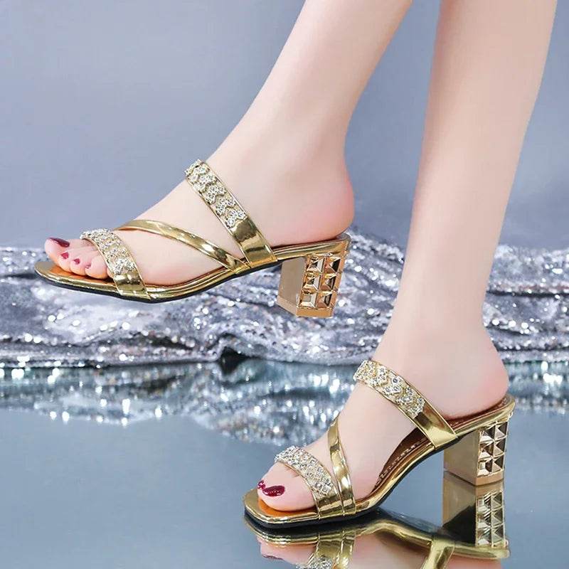 Shiny Gold Silver Women's Sandals Summer 2023 Crystal High Heels Party Shoes Woman Comfortable Thick Heel Slides Sandalias Mujer - FLORANZANI- Beauté & Santé