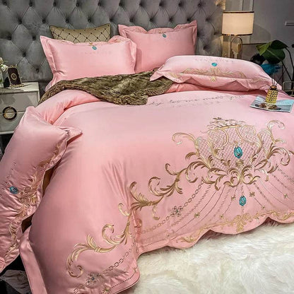 Egyptian Cotton Bedding Set Golden Embroidery Home Textiles Super Soft Bed Duvet Sheet Set King Queen Size Chic Stitch Linen 이불 - FLORANZANI- Beauté & Santé