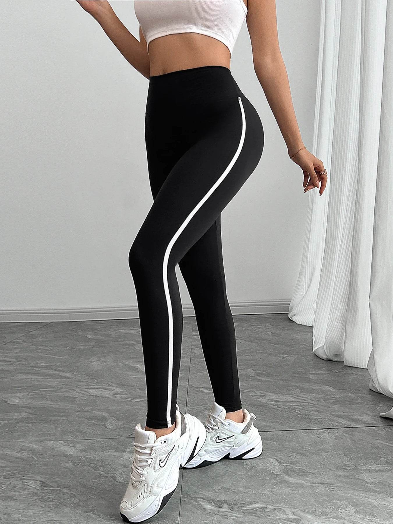 Women's High Waist Yoga Leggings Black Striped Tights Sports Pants - FLORANZANI- Beauté & Santé