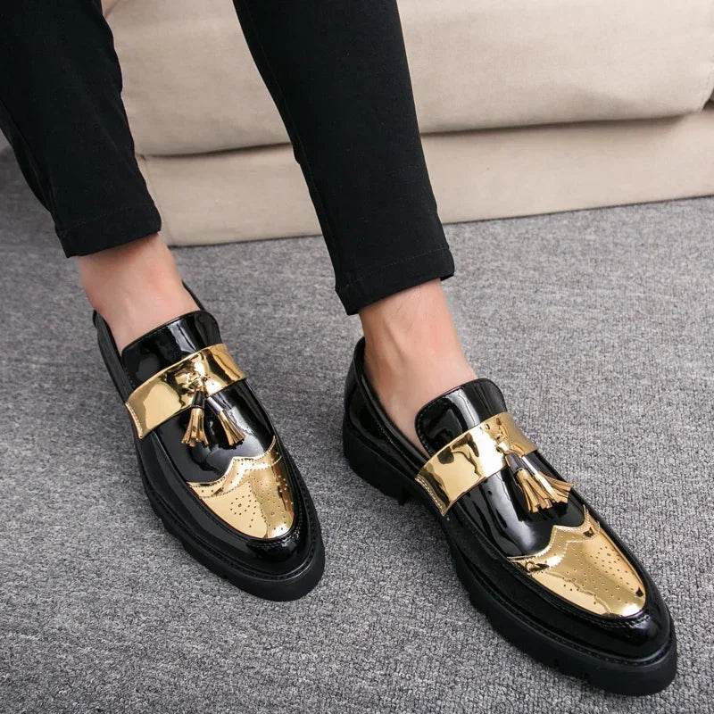 Golden Men's Casual Slip-On Tassel Patent Loafers Thick Bottom Elevator Shoes Fashion Men's Party Shoes Business Shoes Brogue - FLORANZANI- Beauté & Santé