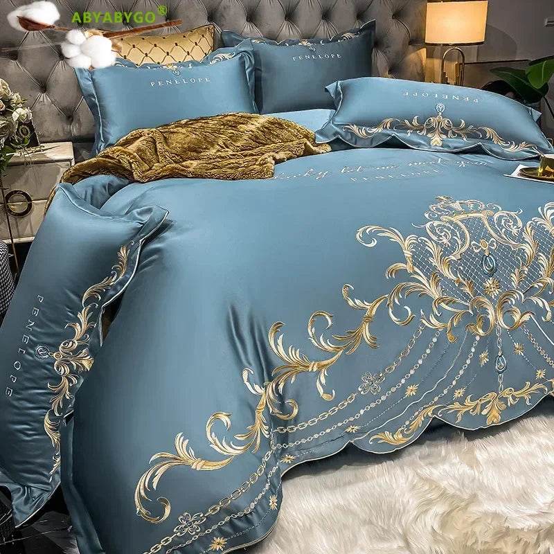 European Style Bedding Set Luxury Gold Royal Embroidery Satin Double Duvet Cover Pure Cotton Bed Sheets and Pillowcases Bed Set - FLORANZANI- Beauté & Santé