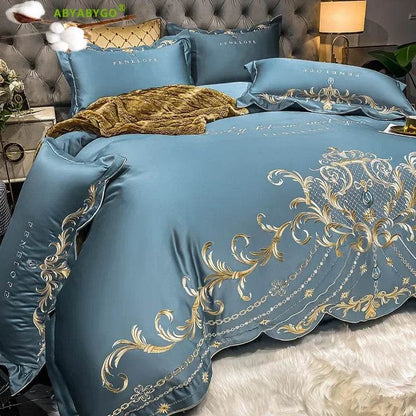 European Style Bedding Set Luxury Gold Royal Embroidery Satin Double Duvet Cover Pure Cotton Bed Sheets and Pillowcases Bed Set - FLORANZANI- Beauté & Santé