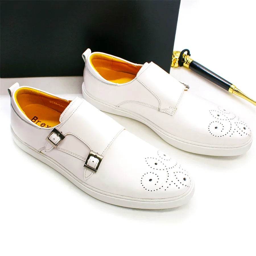 Men's Leather Shoes Casual Shoes Premium Classic White Brogue Handmade Leather Shoes Men's Fashion Dating Flat Party Shoes - FLORANZANI- Beauté & Santé